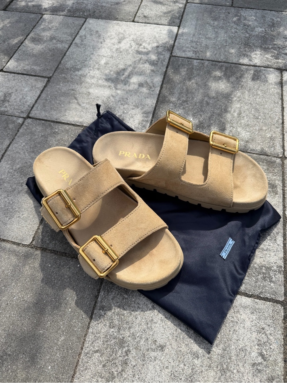 Prada women’s tan Suede Double-Buckle Slide Sandals with Gold Buckles